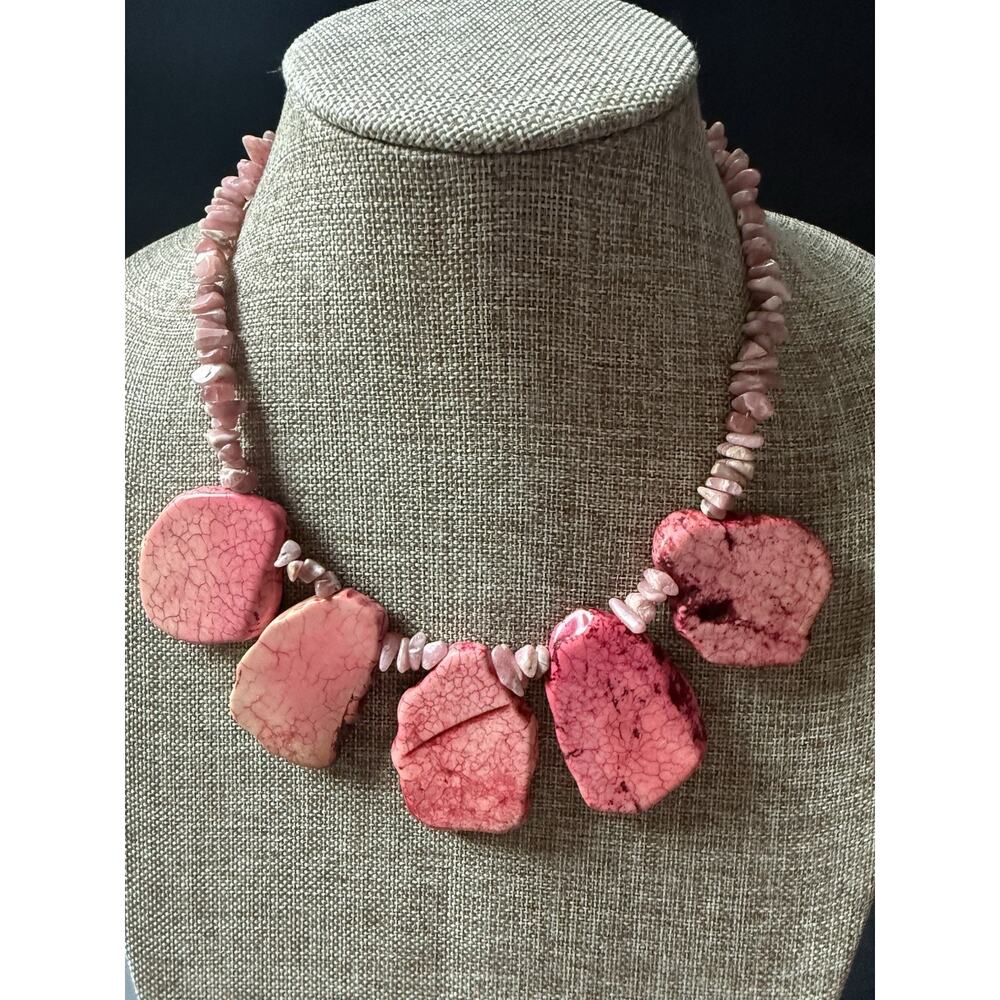 Vintage Pink Jasper Statement Necklace Beaded Chip Artisan Chunky 19” Boho Beach